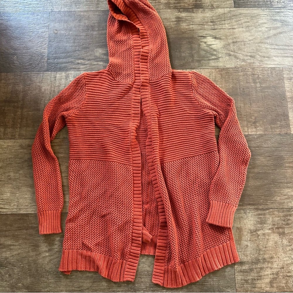Marled reunited open front hooded knit rust orange cardigan